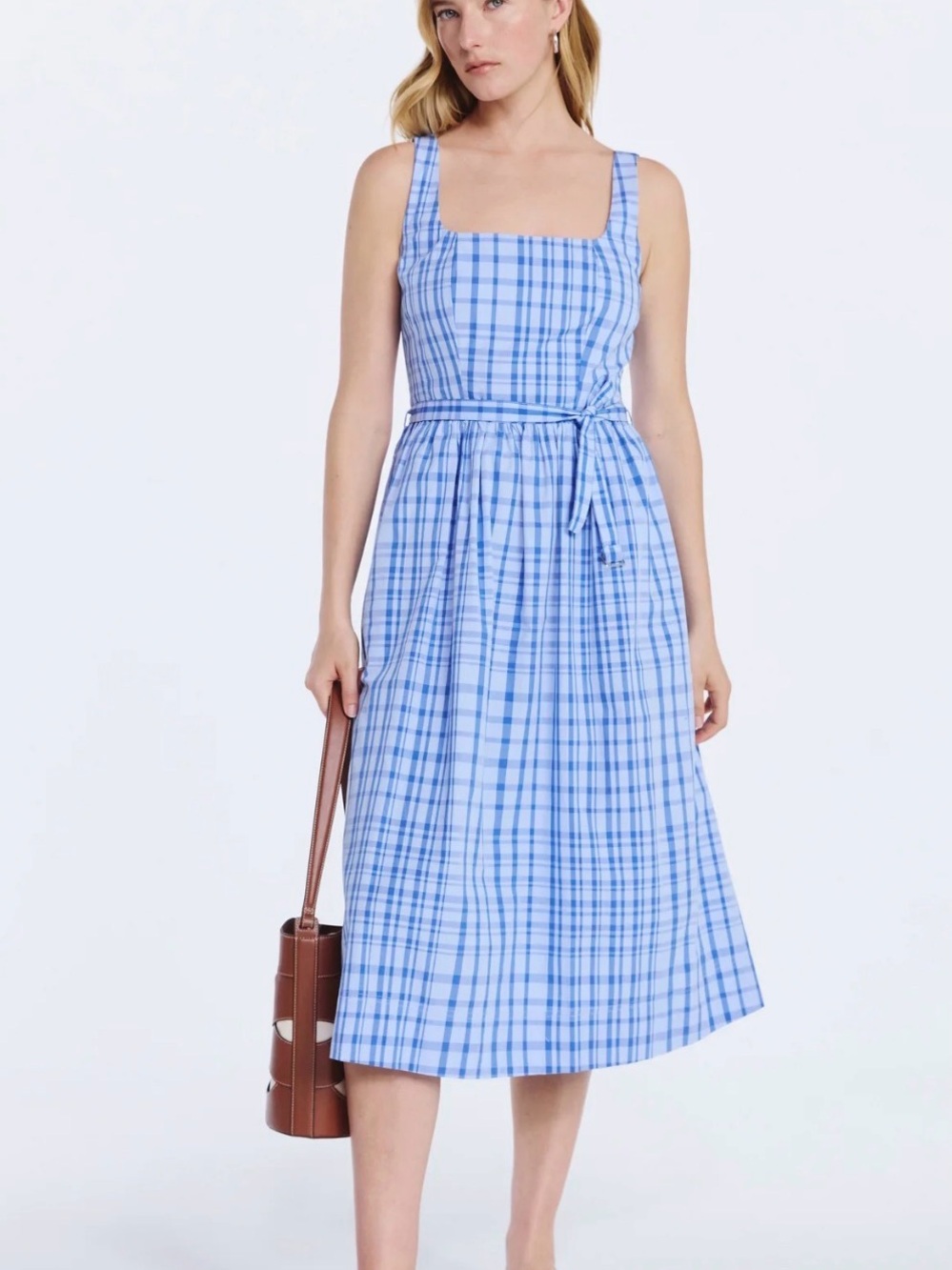 Light Blue Plaid Square-Neck Midi Dress with Tie Waist